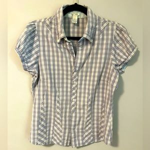 Anthropologie Odille button down puff short sleeved top. Grey. Blue. Sz 10.